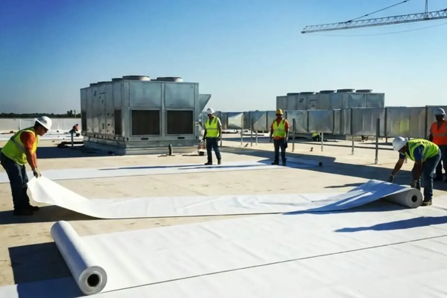 Documentary-style iPhone photo of commercial flat roofing installation in Provo, Utah with crew applying membrane system. Natural daylight.