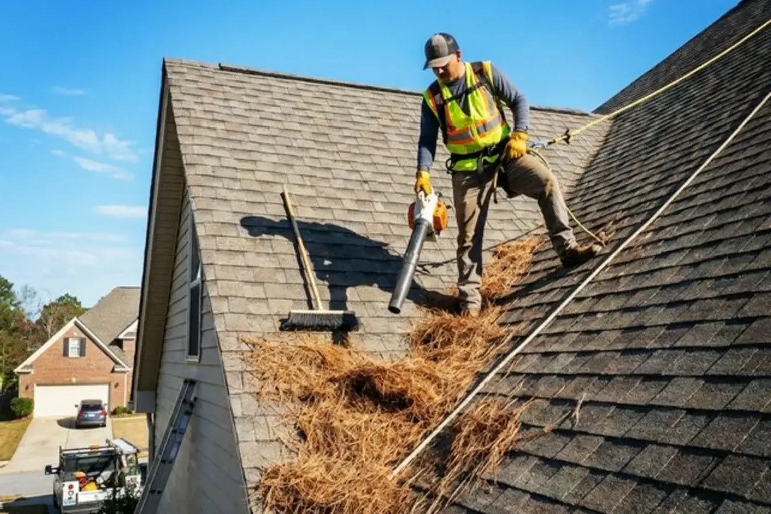 Documentary-style iPhone photo of a roofing contractor cleaning gutters and inspecting flashing details on a Provo, Utah home. Natural daylight.