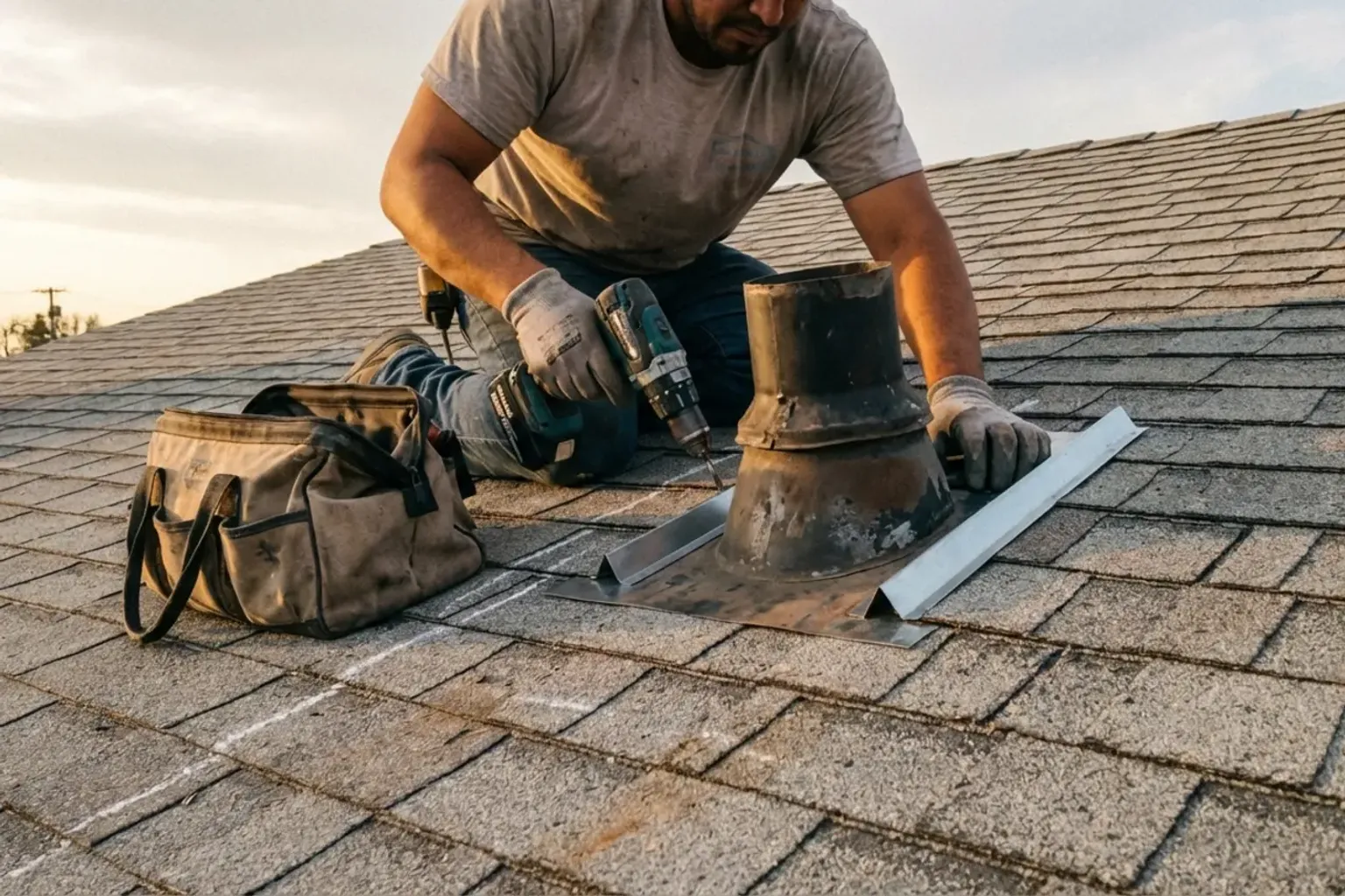 Documentary-style iPhone photo of roof repair work on a damaged shingle section in Provo, Utah. Natural lighting.