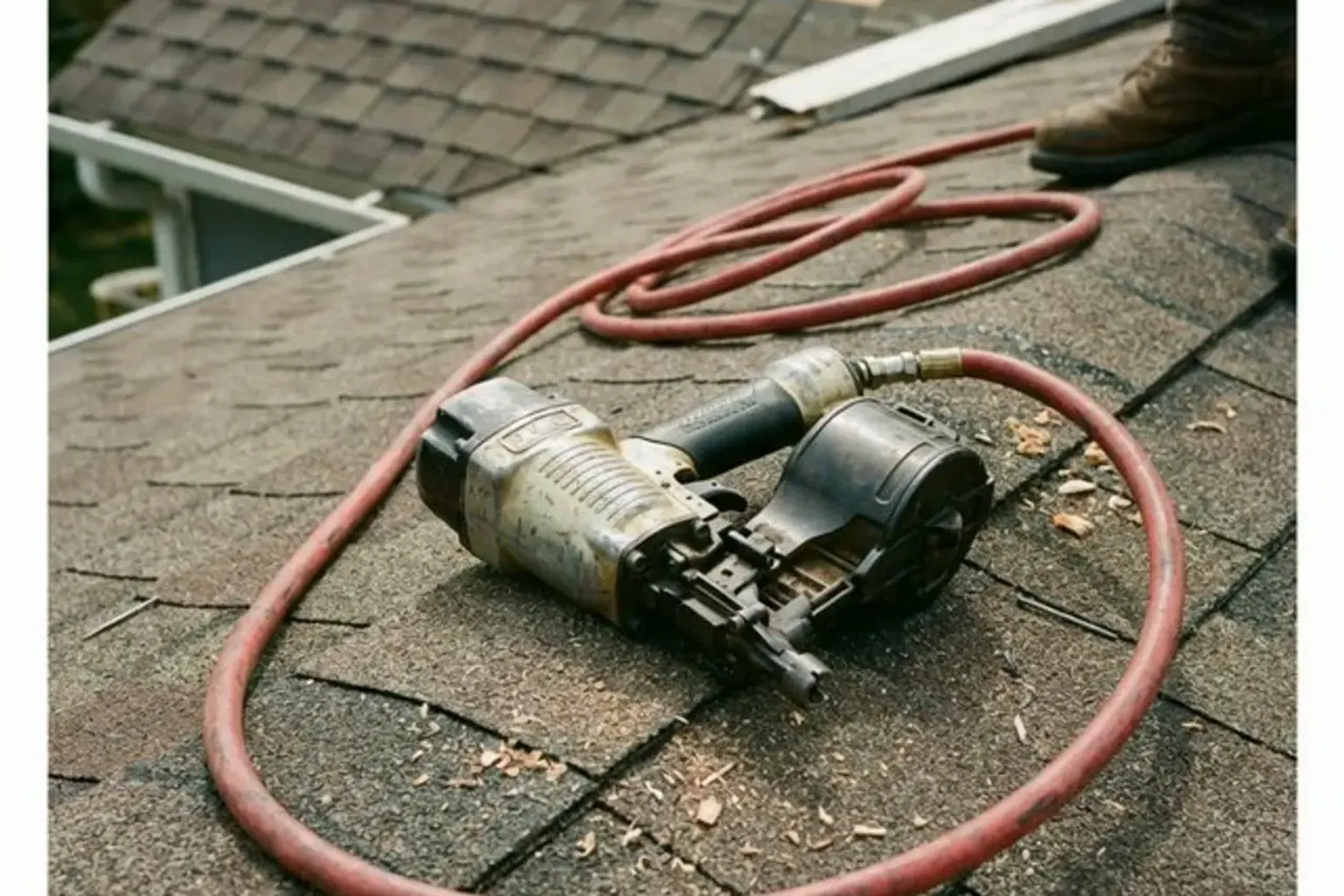 Documentary-style iPhone photo of shingle replacement work on a residential roof in Provo, Utah showing new and existing shingle sections. Natural daylight.